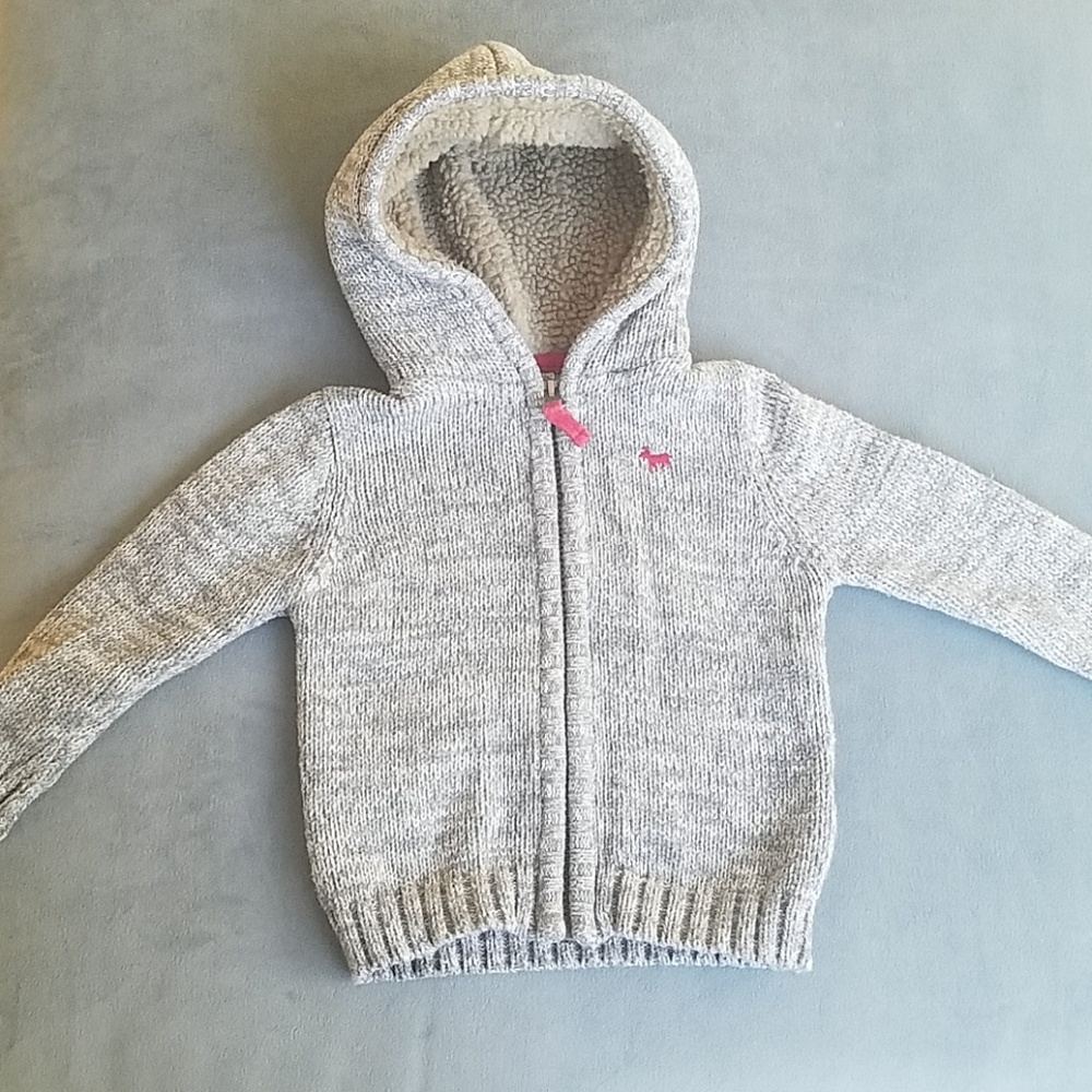Fuzzy Hood, Gray Zip Up Sweater.